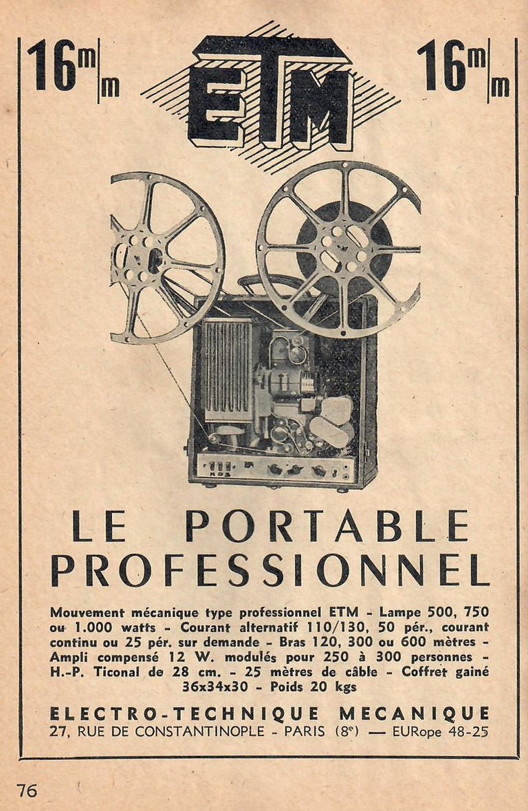 E.T.M. - projecteur Portable Professionel 16 mm - juin 1951