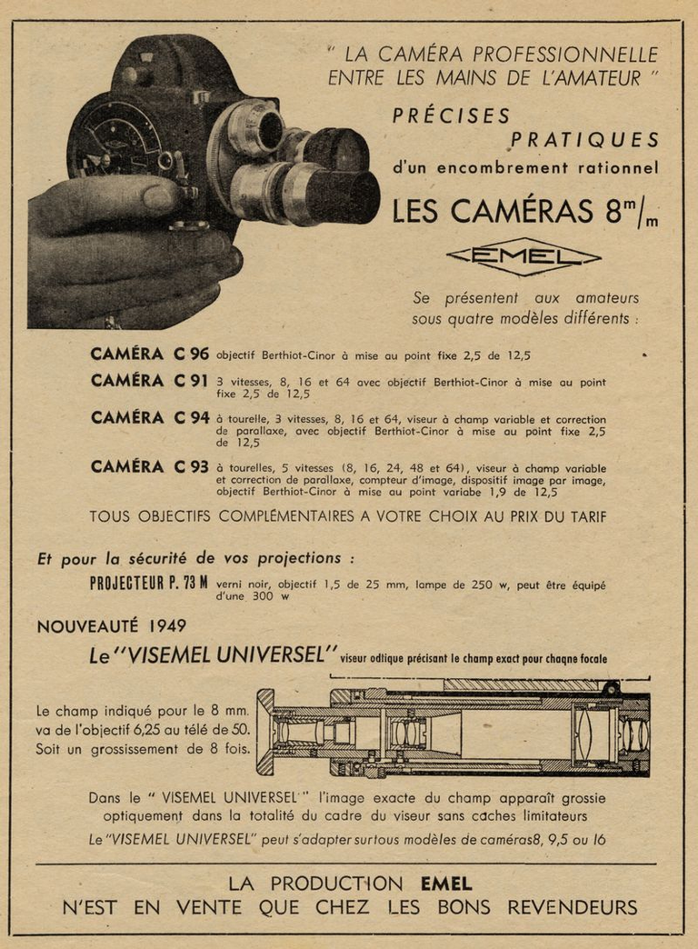 Emel caméras 8 mm C96, C91, C94, C93 - projecteur 8 mm P.73 - Visemel universel - 1949