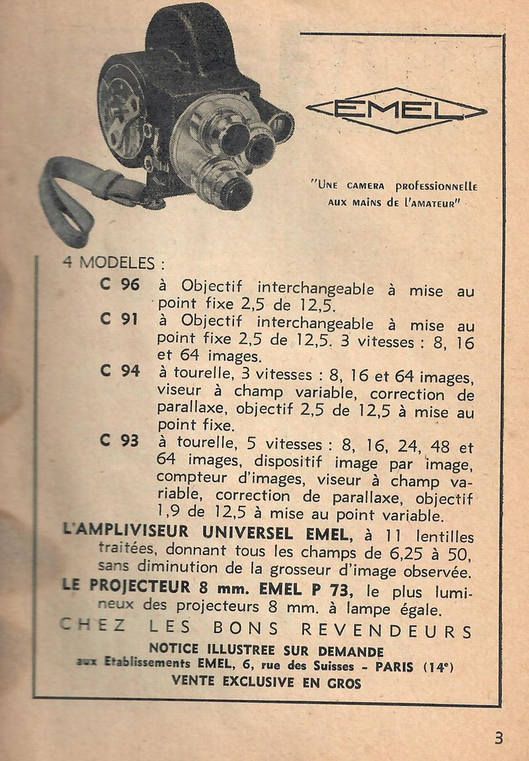 Emel caméras 8 mm C96, C91, C94, C93 - projecteur 8 mm P.73 - Ampliviseur - mai 1951