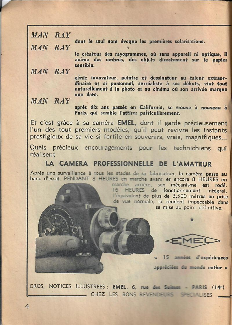 Emel - Man Ray - caméras 8 mm C96, C91, C94, C93 - projecteur 8 mm P.73 - Ampliviseur - 1952