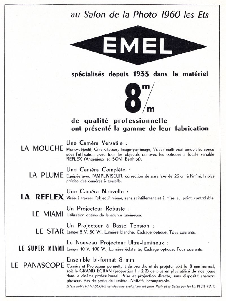 Emel caméras 8 mm Mouche, Plume, Reflex, Panascope - projecteur 8 mm Miami, Star, Super Miami, Panascope - 1960