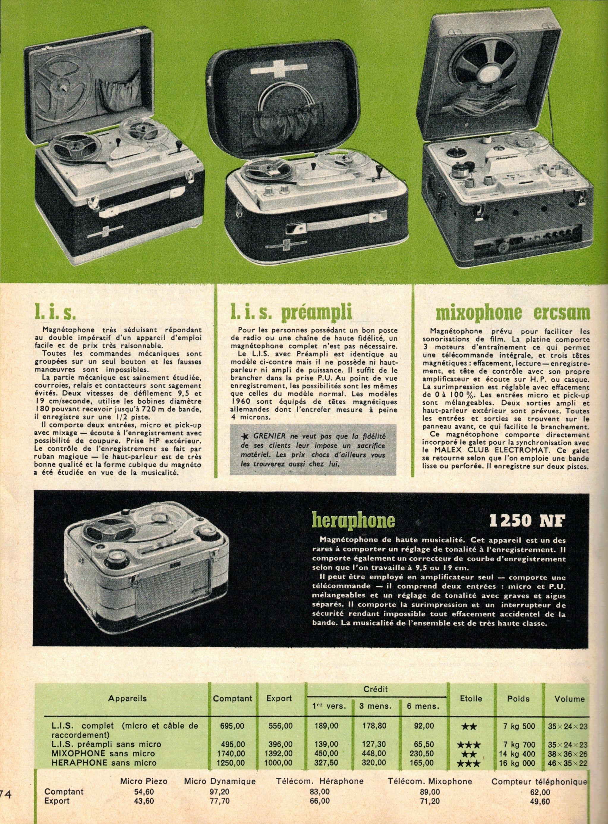 Magnétophone Mixophone - Catalogue Grenier 1960