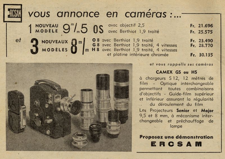 ERCSAM - caméra Camex GS 9,5 mm, Camex HS 9,5 mm, Camex OS 9,5 mm, Camex O 9,5 mm, , Camex O 8 mm, Camex G 8 mm, Camex H 8 mm - projecteur Senior, Minor 9,5 mm ou 8 mm - 1949