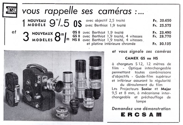 ERCSAM - caméra Camex GS 9,5 mm, Camex HS 9,5 mm, Camex OS 9,5 mm, Camex OS 8 mm, Camex GS 8 mm, Camex HS 8 mm - projecteur Senior, Minor 9,5 mm ou 8 mm - 1950