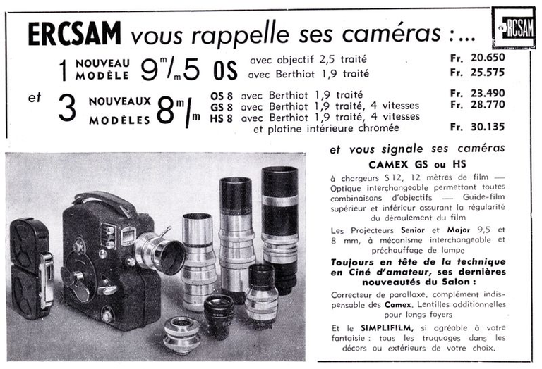 ERCSAM - caméra Camex GS 9,5 mm, Camex HS 9,5 mm, Camex OS 9,5 mm, Camex OS 8 mm, Camex GS 8 mm, Camex HS 8 mm - projecteur Senior, Minor 9,5 mm ou 8 mm - Simplifilm - 1950