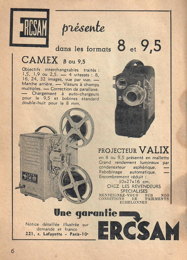ERCSAM - caméra Camex 9,5 mm, Camex 8 mm - projecteur Valix 9,5 mm ou 8 mm - mai 1951