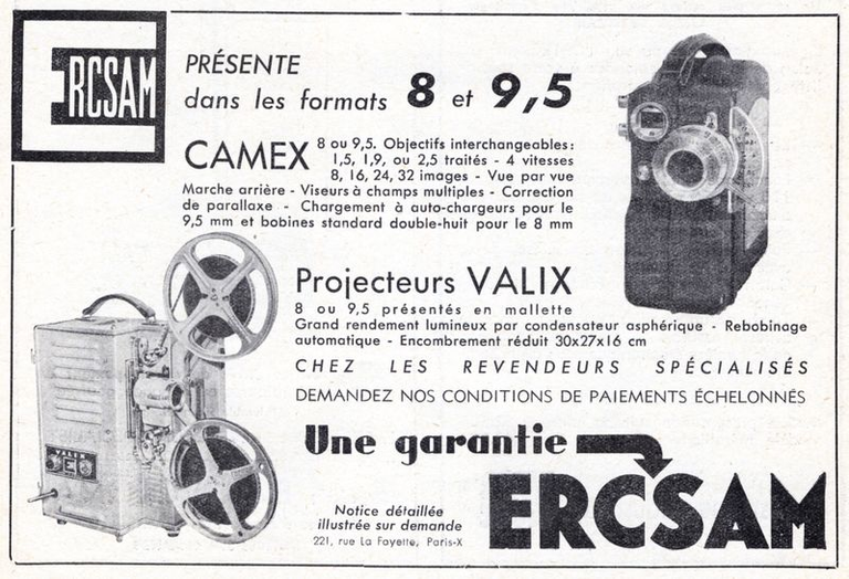 ERCSAM - caméra Camex 9,5 mm, Camex 8 mm - projecteur Valix 9,5 mm ou 8 mm - 1951