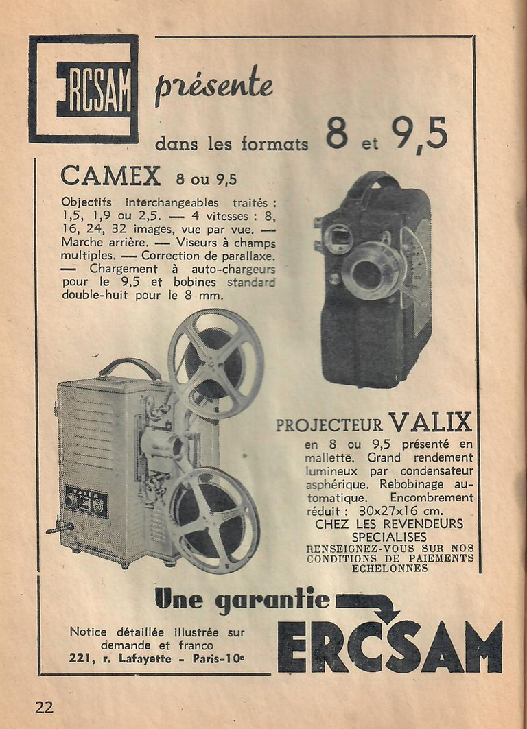 ERCSAM - caméra Camex 9,5 mm, Camex 8 mm - projecteur Valix 9,5 mm ou 8 mm - janvier 1952