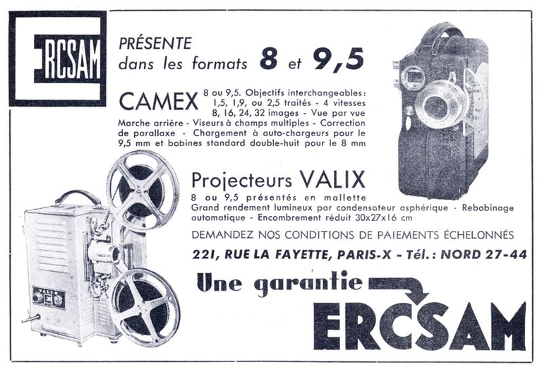 ERCSAM - caméra Camex 9,5 mm, Camex 8 mm - projecteur Valix 9,5 mm ou 8 mm - 1952