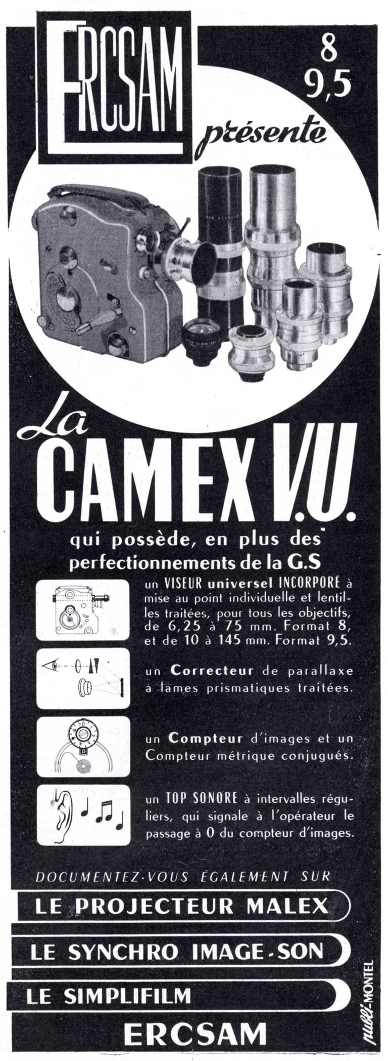 ERCSAM - caméra Camex GS 9,5 mm, Camex GS 8 mm, Camex VU 9,5 mm, Camex VU 8 mm  - projecteur Malex - Synchro-Film, Simplifilm - 1952