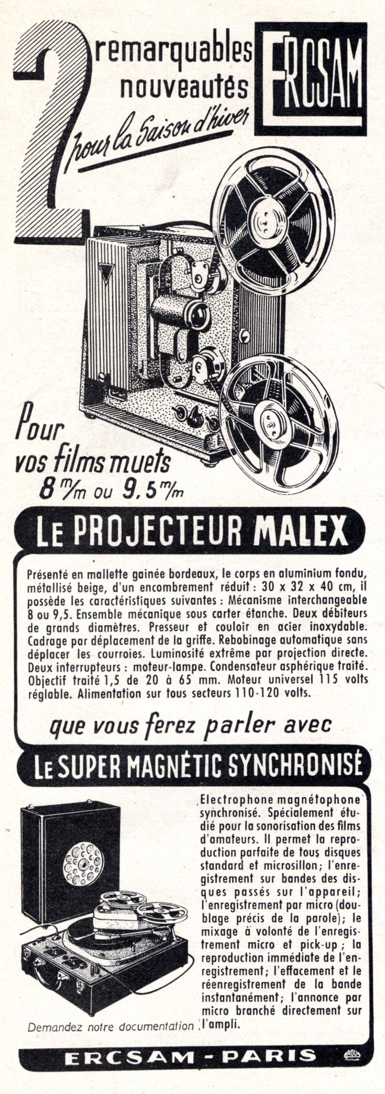 ERCSAM - projecteur Malex 8mm ou 9,5 mm - Super-Magnétic Synchronisé - 1953