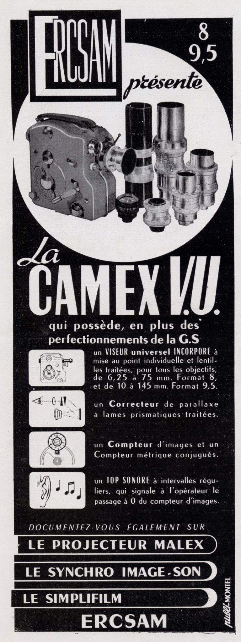 ERCSAM - caméra Camex GS 9,5 mm, Camex GS 8 mm, Camex VU 9,5 mm, Camex VU 8 mm - projecteur Malex - Synchro-Film, Simplifilm - 1953