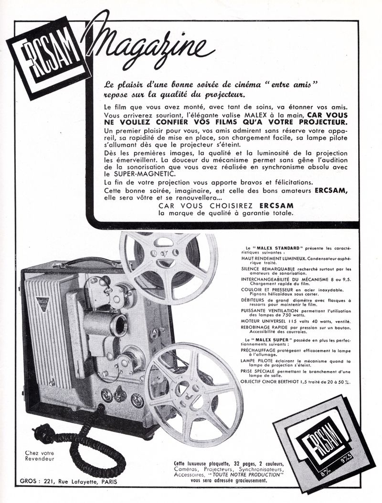 ERCSAM - projecteur Malex Standard 8mm ou 9,5 mm, Malex Super 8mm ou 9,5 mm - Super-Magnétic Synchronisé - Super-Magnétic - 1953