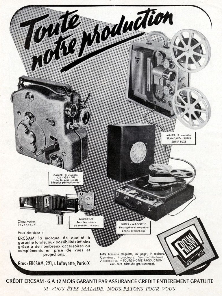 ERCSAM - caméra Camex 0S 9,5 mm, Camex GS 9,5 mm, Camex VU 9,5 mm, Camex GS 8 mm, Camex OS 8 mm, Camex VU 8 mm - projecteur Malex Standard 8mm ou 9,5 mm, Malex Super 8mm ou 9,5 mm, Malex Super-Luxe 8 mm ou 9,5 mm - Super-Magnétic, Simplifilm - 1955