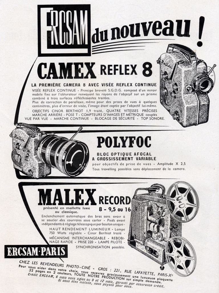 ERCSAM - caméra Camex Reflex 8 mm - Polyfoc - projecteur Malex Record 8 mm, 9,5 mm ou 16 mm - 1955