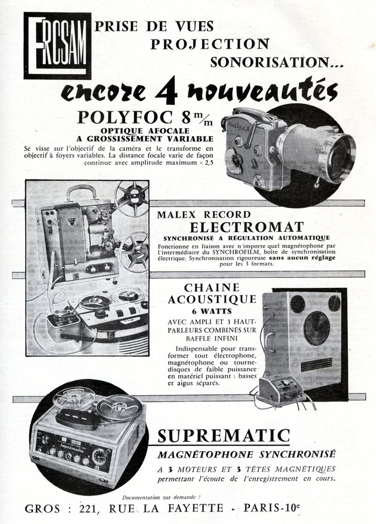 ERCSAM - caméra Camex - Polyfoc - projecteur Malex Record Electromat - chaîne accoustique 6 W - Suprematic - 1958