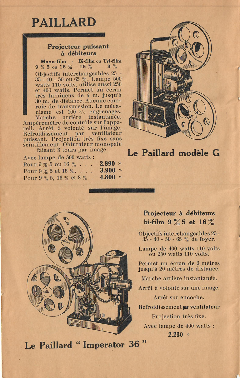 Catalogue 1936 - Projecteur Paillard Modèle G, Imperator 36