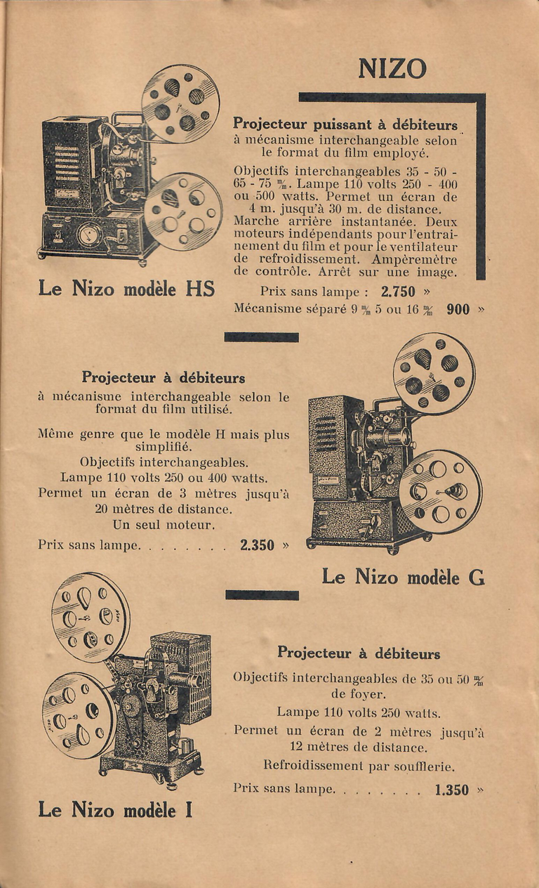 Catalogue 1936 - Projecteur Nizo modèle HS, Nizo Modèle G, Nizo modèle I