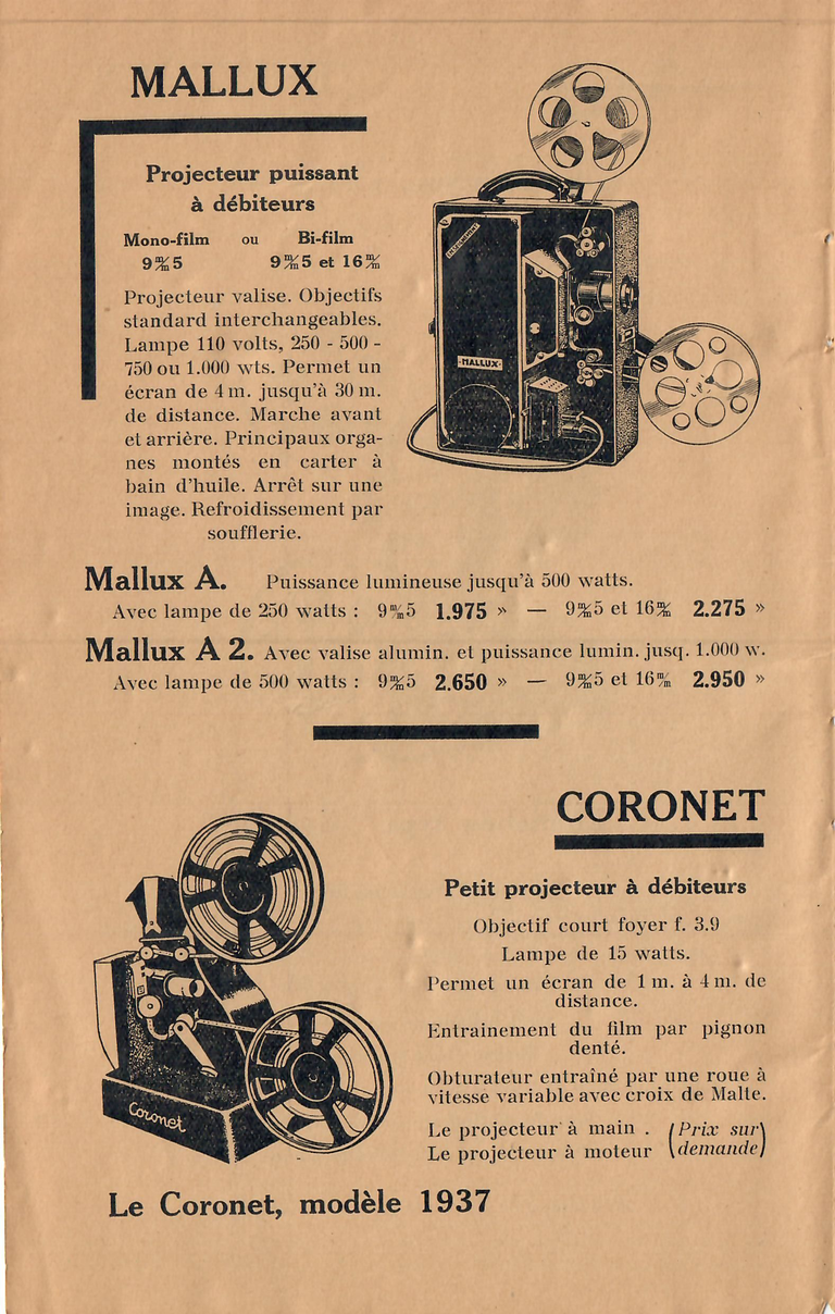 Catalogue 1936 - Projecteur Mallux A, Mallus A2, Coronet modèle 1937