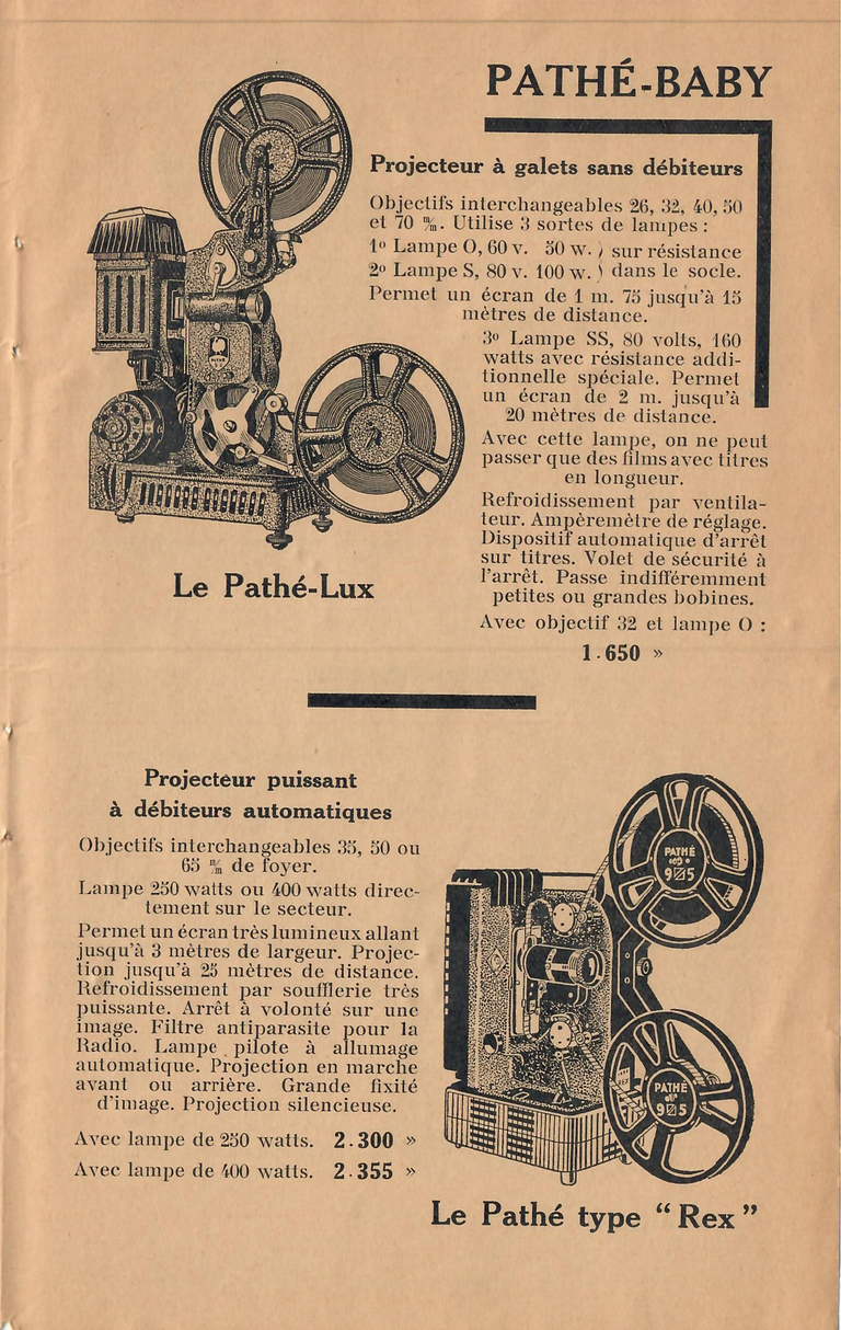 Catalogue 1936 - Projecteur Super Pathé-Lux, Pathé Type Rex