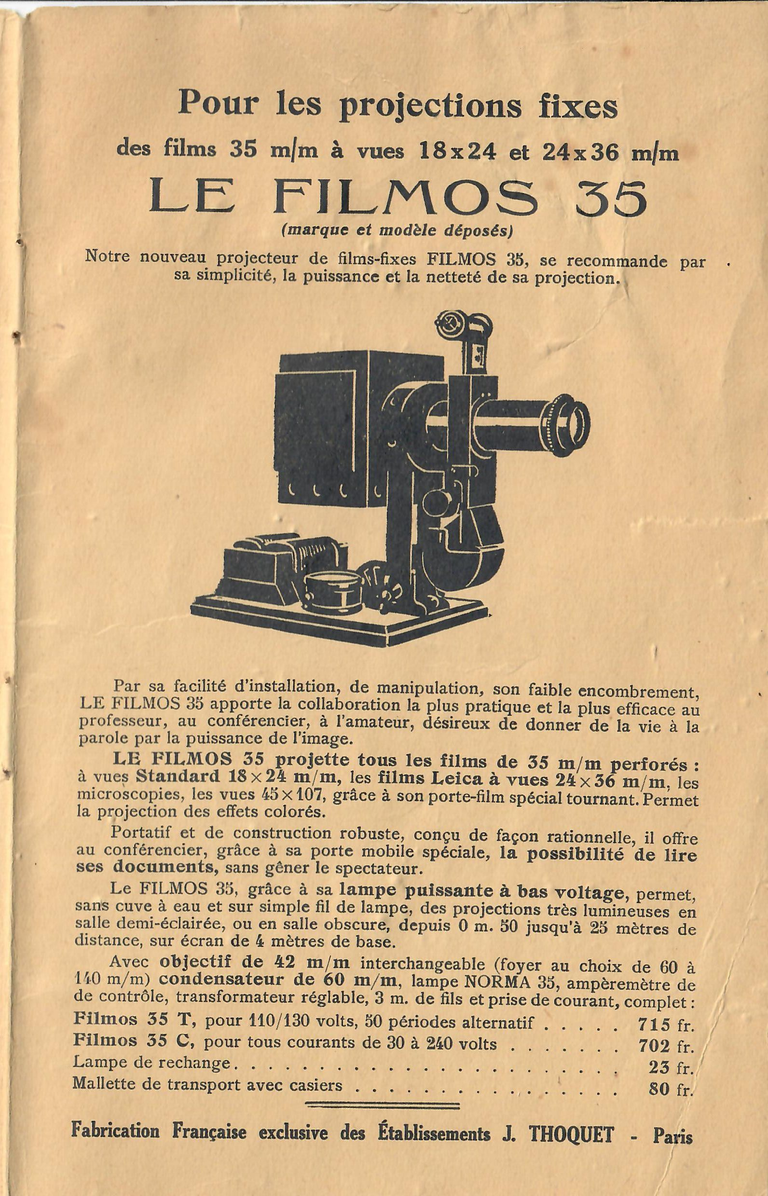 Catalogue 1936 - Couverture 3 - Projecteur films fixes Filmos 35 T, Filmos 35 C