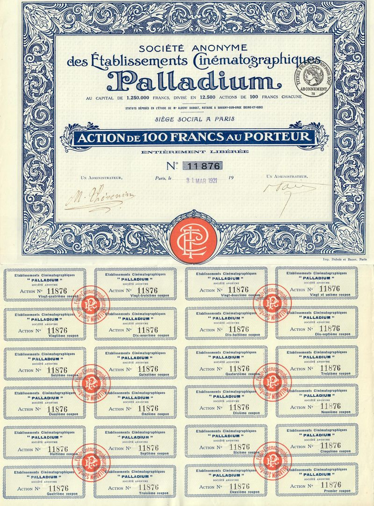Action de la Société Anonyme des Etablissements Cinématographiques Palladiaum - 31 mars 1921
