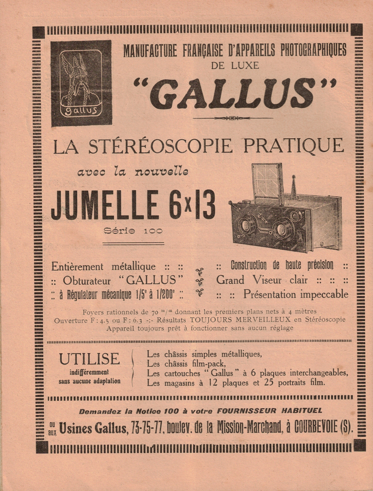 Gallus Jumelle 6x13 - La revue française de photographie n°67 - 01 octobre 1922