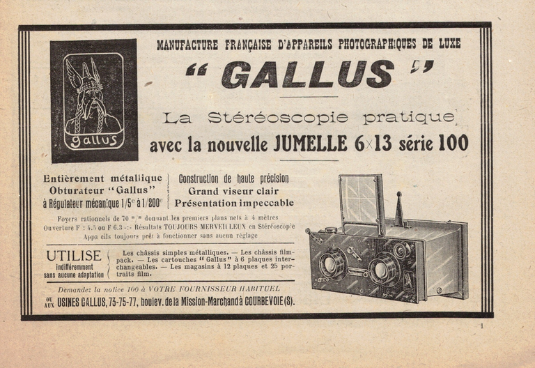 Gallus Jumelle 6x13 série 100 - La revue française de photographie n°73 - 01 janvier 1923