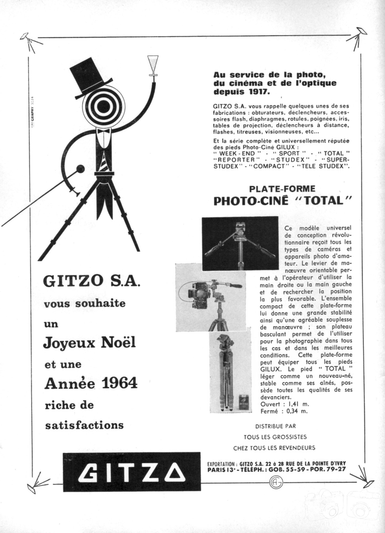 Gitzo - Pieds Gilux, Week-End, Soprt, Total, Reporter, Studex, Super-Studex, Compact, Tele-Studex, Plate-forme Photo-Ciné Total - janvier 1964 - Photo-Cinéma