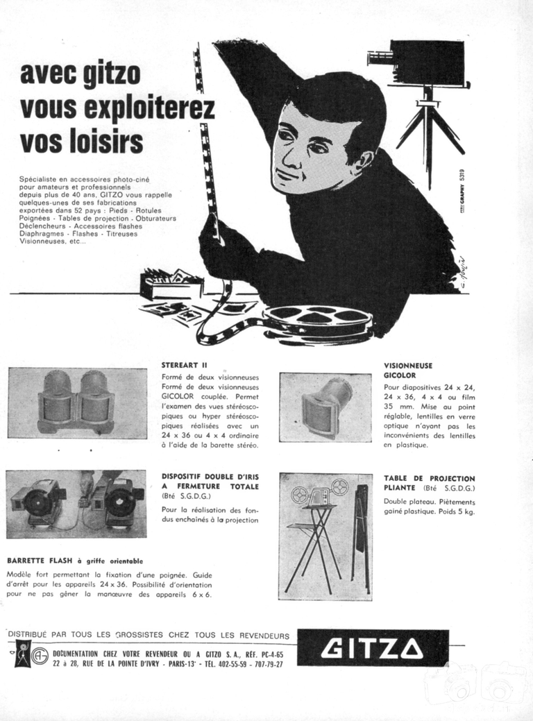 Gitzo - Stéréart II, Visionneuse Gicolor, Dispositif double d'iris à fermeture totale, Table de projection pliante, Barrette flash à griffe orientable - avril 1965 - Photo-Cinéma
