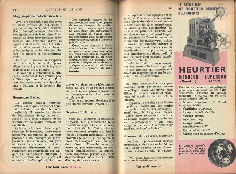 Heurtier projecteurs Monoson et Superson - 1958-1959 - Cinéphotoguide
