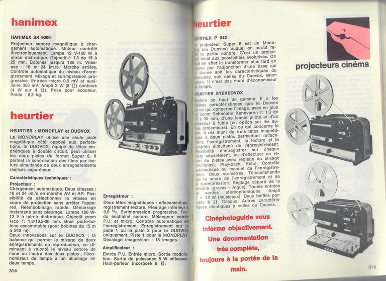 Heurtier projecteurs Monoplay, Duovox, P 842, Stéréovox - 1978 - Cinéphotoguide