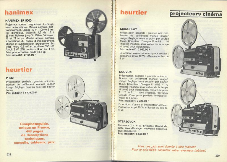 Heurtier projecteurs P842, Monoplay, Duovox, Stereovox - 1979 - Cinéphotoguide