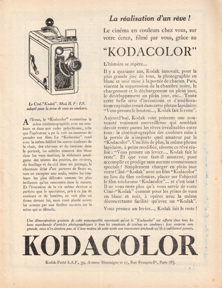 Kodacolor, Ciné-Kodak modèle B F:1,9 - La revue française de photographie n°236 - 15 octobre 1929