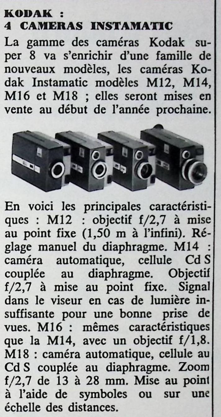 Kodak caméras Instamatic M12, M14, M16, M18 - Photo - novembre 1967
