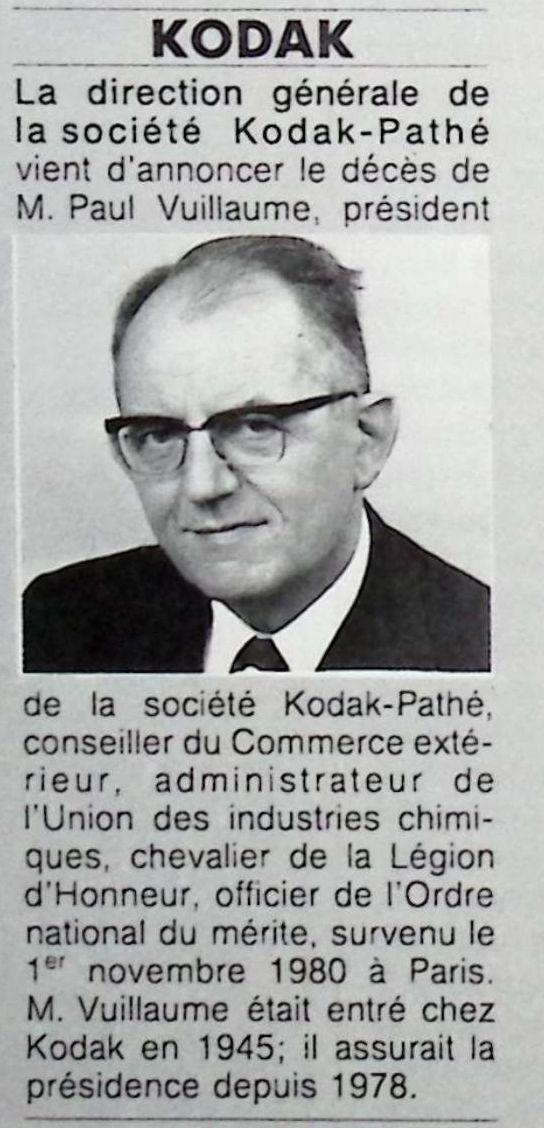 Kodak décès de Paul Vuillaume - Photo - janvier 1981