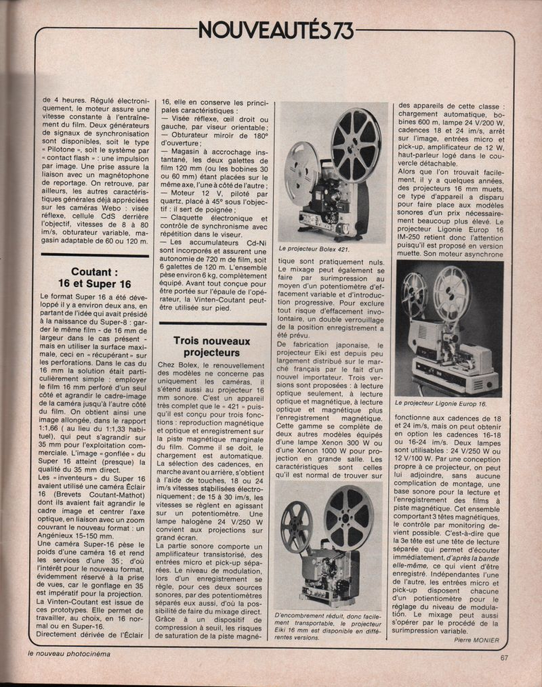 Projecteur Ligonie Europ 16 - avril 1973 - Photo Cinéma