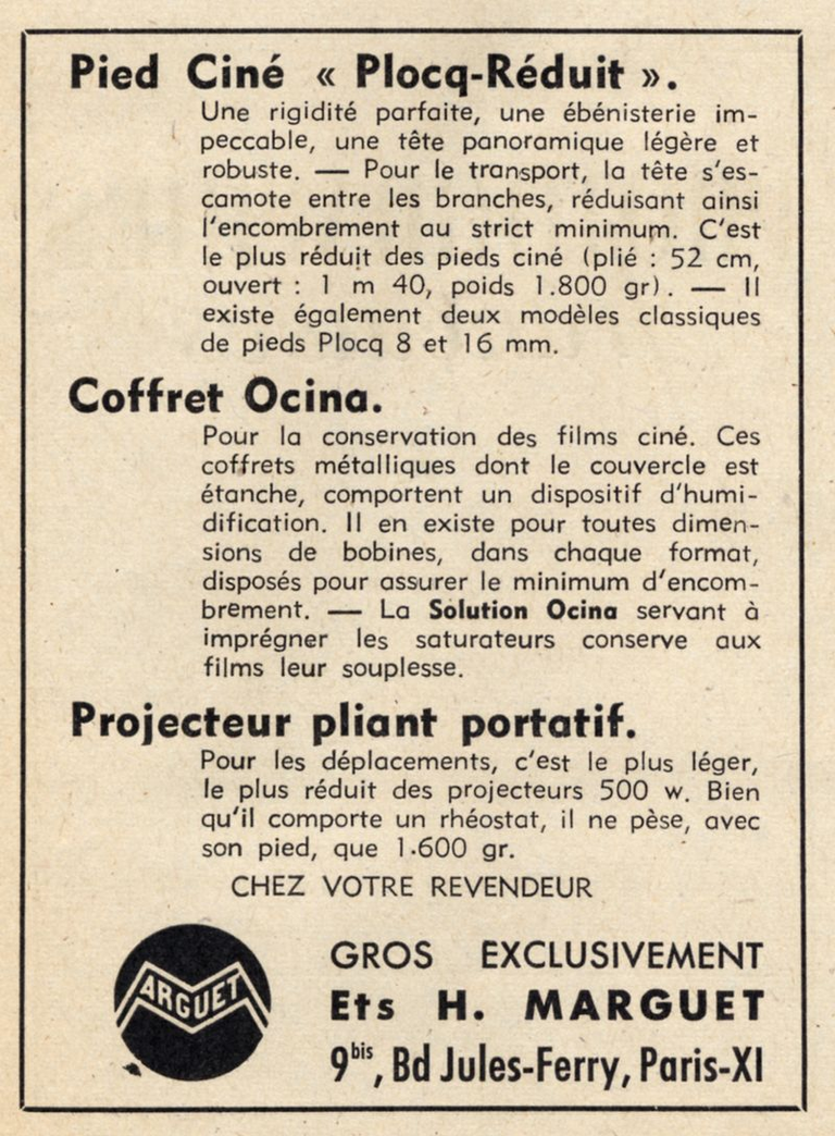 Marguet - pied ciné Plocq-Réduit, coffret Ocina, projecteur pliant portatif - 1948
