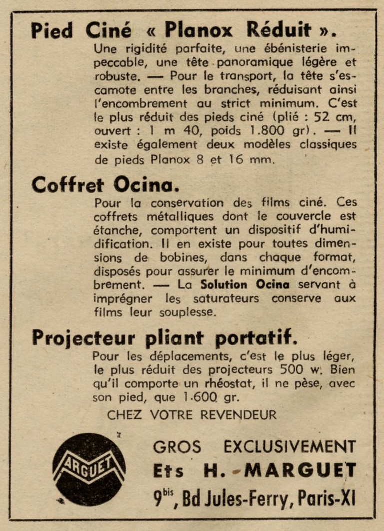 Marguet - pied ciné Plocq-Réduit, coffret Ocina, projecteur pliant portatif - 1949
