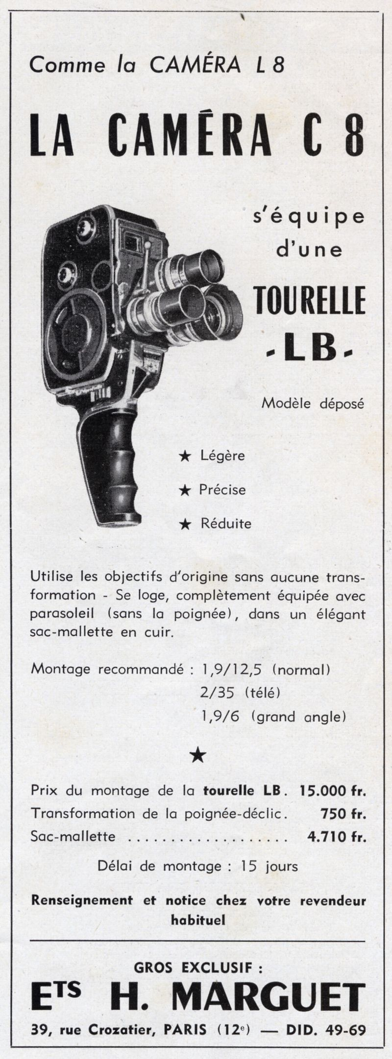 Marguet - tourelle L.B. pour caméra Paillard Bolex C 8 - poignée Déclic - 1956