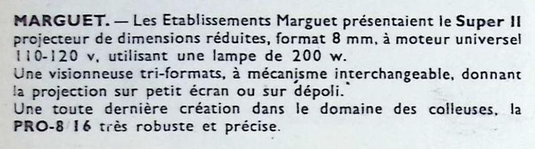 Marguet - Projecteur Super II, visionneuse tri-format, colleuse Pro-8 16 - novembre 1958 - Caméra huit n°7