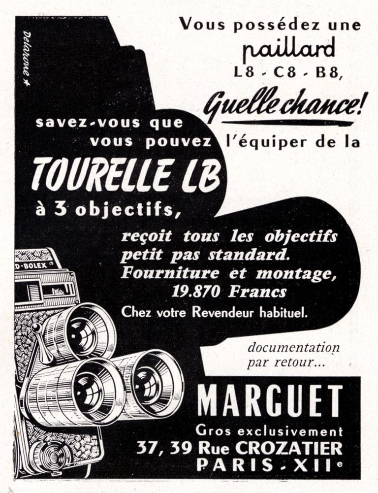 Marguet - tourelle L.B. à 3 objectifs pour caméra Paillard Bolex L 8, C 8, B 8 - poignée Déclic - 1958