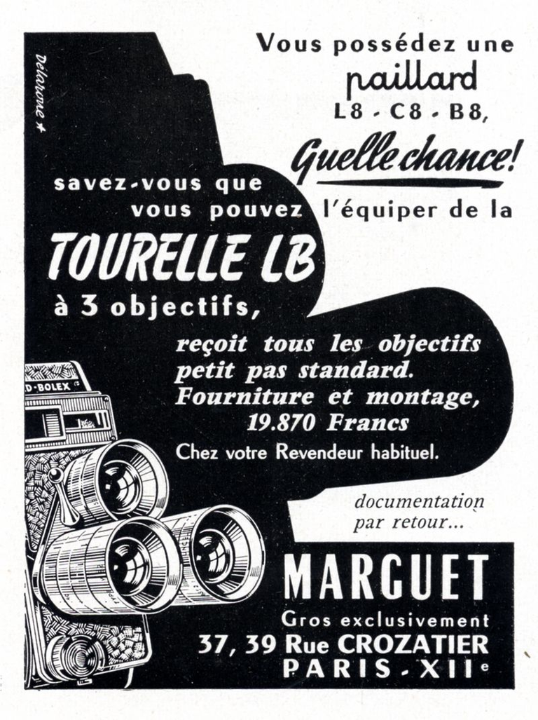Marguet - tourelle L.B. à 3 objectifs pour caméra Paillard Bolex L 8, C 8, B 8 - poignée Déclic - 1959