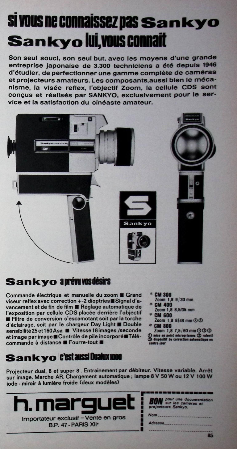 Marguet caméra Sankyo CM 300, CM 400, CM600, CM 800, projecteur - Photo - avril 1974