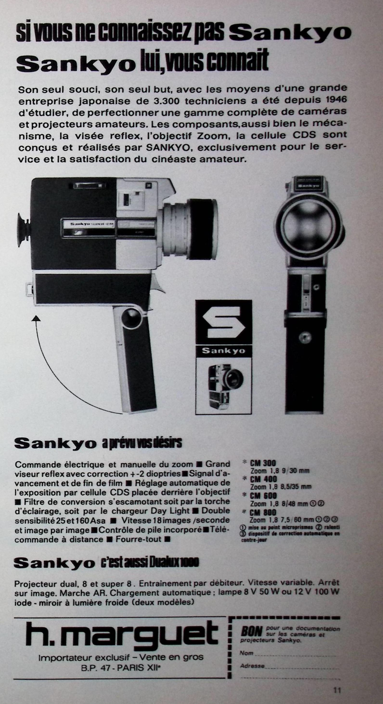 Marguet caméra Sankyo CM 300, CM 400, CM600, CM 800, projecteur - Photo - mai 1974