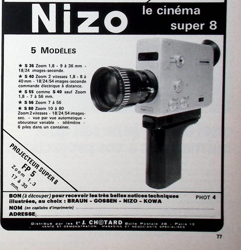 Nizo caméras S 80 zoom, S 36 zoom, S 40 zoom, S 55, S 56 - avril 1970 - Photo