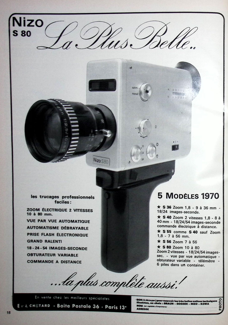 Nizo caméras S 80 zoom, S 36 zoom, S 40 zoom, S 55, S 56 - mai 1970 - Photo
