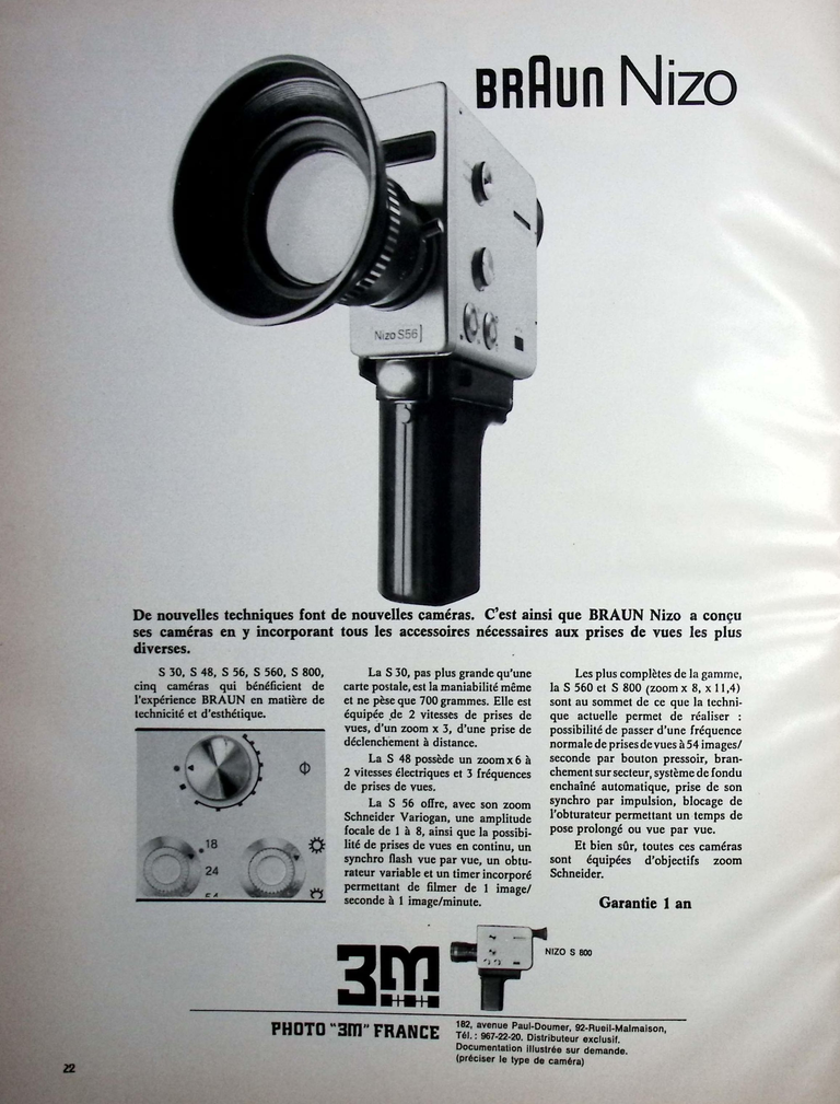 Nizo caméras S 30, S 48, S, S 56, S560, S 800 - juin 1971 - Photo