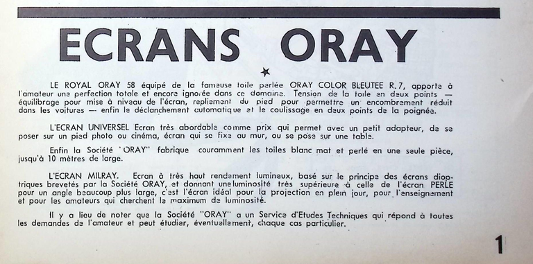 Oray - Ecrans Royal Oray, Color Bleuté, Universel, Milray, Perle - avril 1958 - Caméra huit n°3