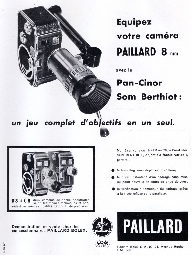 Caméras Paillard-Bolex 8 mm B8, C8 et Pan-Cinor SOM Berthiot - 1958